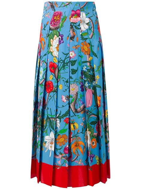 gucci blue pleated skirt red flowers sequins|farfetch Gucci skirt.